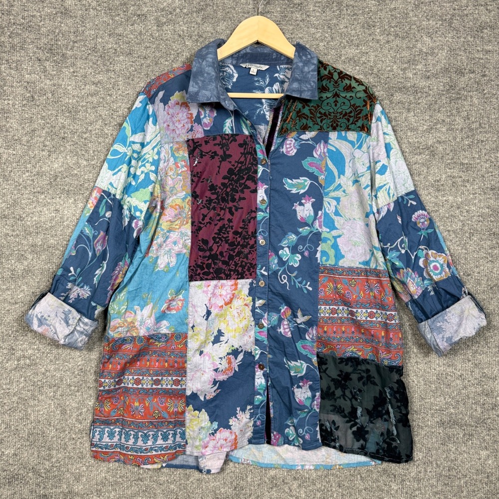John Mark Size Large Shirt Blue Cotton Patchwork Combo Button Roll Tab Sleeves